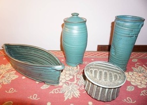Artwork Pottery Signed Teal-Tone Boat 15 Tallest Vase 9.5