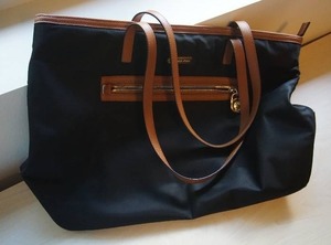 Clothing Accessories Purse Handbag Michael Kors Kempton Nylon Satchel Black with Brown Leather Handle Tote Bag Zipper Top