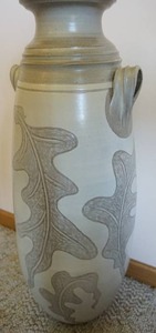 Art Pottery Vase Vessel Handled Leaf Pattern Gray Tones Bottom Signed SD (S. Dennis Frandrop, OSB) Artist in Residence College of St. Benedict, St. Joseph, MN
