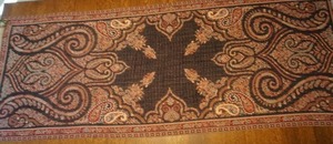 Collectible Textile Table Linen Asian Pattern Red Black Tan Blend 80 Length with Fringe27 wide.