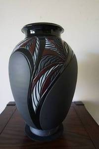Artist Signed Pottery Carved Design 15 tall Widest 10 Black Maroon Gray