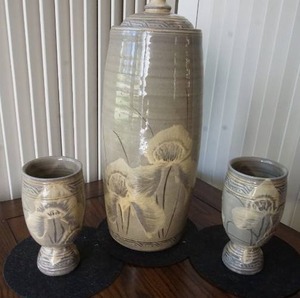 Artist Signed Pottery Tall Vessel with Lid and Two Tumblers