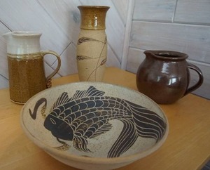 Artist Signed Pottery Fish Serving Bowl Wheat Vase Vessel Pitcher