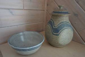 Artist Signed Pottery Large Cookie Jar with Lid Sinclair Ashley and Bowl