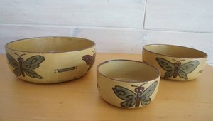 Artist Signed Pottery Bowl Trio with Dragonfly Art