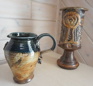 Artist Signed Pottery Pedestal Vase and Pitcher