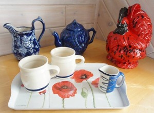 Artist Signed Pottery Blue Glazed Pitcher Teapot Red Rooster Floral Tray Etc.