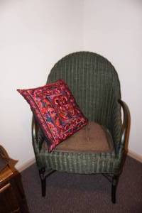 Furniture Vintage Green Wicker Rattan Arm Chair and Textiles...