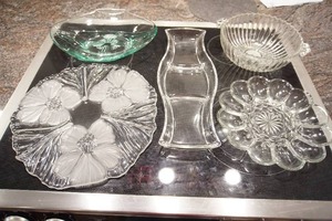 Collectible Glass Cut-Glass Green Serving Platter Bowl