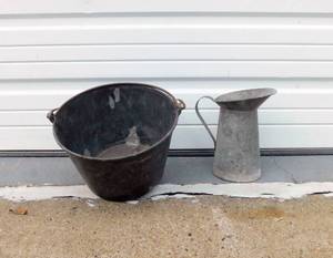 lot 80 image: Antique H.W. Haydens 1851 The Ansonia Brass Company Bucket and Metal Pitcher