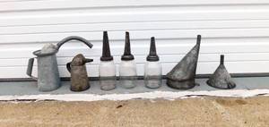 lot 68 image: Lot of Vintage Glass and Metal Oil Cans, Spouts and Funnels