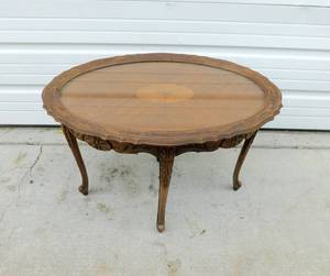 lot 77 image: Vintage Carved Wood Table With Removable Glass Top