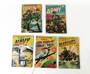 lot 23 image: Lot of 5 Vintage 1950s CDC Comic Books including Fightin Army, Fightin Navy, Fightin Air Force, and Fightin Marines