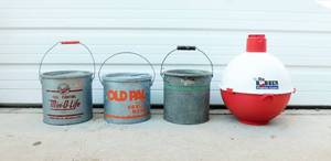 lot 132 image: 3 Vintage Galvanized Tin Minnow Buckets and a Big Bobber Cooler