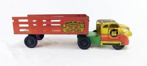lot 5 image: Vintage Wyandotte Trucking Pressed Steel Toy Truck with Green Valley Stock Ranch Trailer