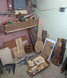 lot 42 image: Large Assortment of Wood, Metal Brackets, Dowels, Stencils, & Much Much More