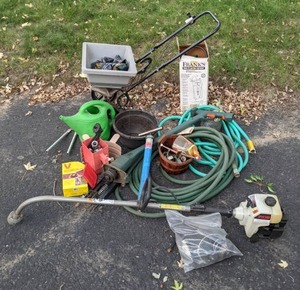 lot 16 image: Ryobi Weed Eater, Black & Decker Weed Wacker, Plastic Watering Can, Push Seed & Fertilizer Spreader, Hedge Shears, Garden Hoses, Franks Lawn & Garden Sprayer and More