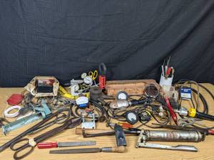 lot 34 image: Pliers, Files, Drill Bits, Grease Gun and More