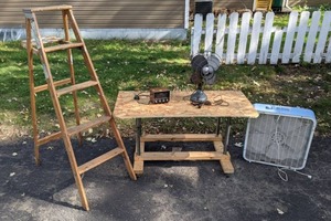 lot 66 image: Homemade Table, 5 Foot Wooden Ladder, Kmart Box Fan, Vintage Powerwake Digital Hightime Radio, & Westinghouse Fan