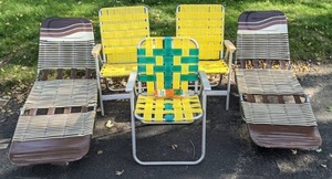 lot 46 image: Assortment of Vintage Lawn Chairs with Extra Lawn Furniture Re-Webbing