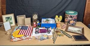 lot 57 image: Home Decor Picture Frames, American Flag, Dome Clock, Christmas Decor, & More