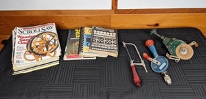 lot 59 image: Various Woodworking Tools & Magazines Hand Drill, Jewlery Saw, Scrollsaw Magazine, Woodsmith Magazine, & More