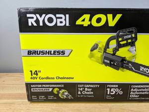 lot 9A image: Brand New RYOBI RY40530 14 in. 40-Volt Brushless Lithium-Ion Cordless Chainsaw with 4 Ah Battery and Charger