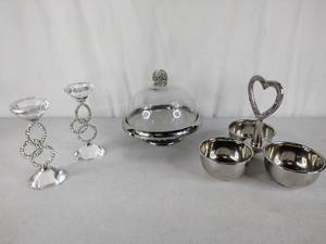 lot 346 image: Pre-owned Service Candy Dish, Pastry Keeper, and Candle Sticks