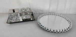 lot 349 image: Crystal Bead Round Mirror Tray, Bathroom Tray and (2) Glass Storage