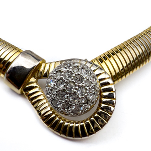 lot 15 image: Sleek retro design, Unknown Maker, Stretch Snake Yellow Base Metal Collar Necklace. Rhinestone Set.