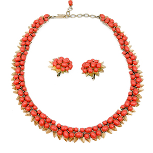 lot 18 image: Trifari Floral Style, Vintage Pink Coral, Yellow Base Metal Necklace & Earring Set.