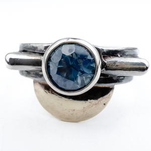 lot 19 image: Unique Square Profile, Semi-Circle Disks, Yellow Plated Sterling Silver Ring, Set With Blue Topaz.