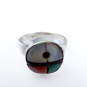 lot 24 image: Zuni SUNFACE, Sterling Silver Ring, Set With Black Jet, Coral, Turquoise & Mother-Of-Pearl