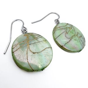 lot 74 image: Gold painted mother-of-pearl disk bead Station Necklace. Also Matching French Wire Earrings.
