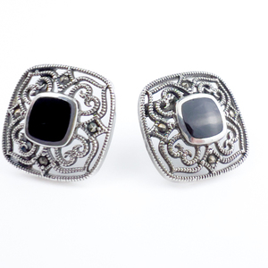 lot 65 image: Pierced filigree, Sterling Silver Post Back Pierced Earrings. Cushion Shape Black Onyx
