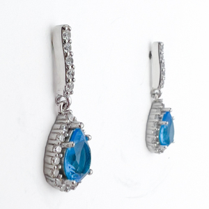 lot 100 image: RJ Sterling Silver Post Back Pierced Earrings. Dangling CZ & Blue Stone Drop