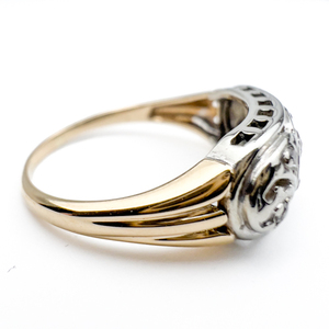 lot 1 image: Filigree VINTAGE Yellow And White 14K Ring, Set With Diamond. Size 7.5 - 7.75.