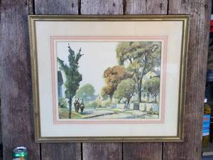 lot 212 image: Vintage Framed Watercolor Small Town Horse Rider Print