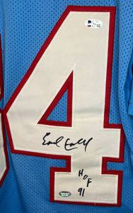 lot 1 image: Earl Campbell Signed Jersey with dual Beckett and Schwartz Certification, inscribed HOF 91, size XL Houston Oilers Autograph