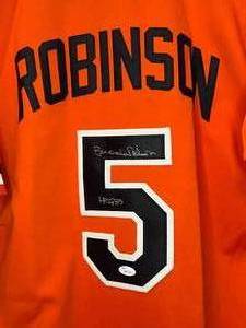 lot 5 image: Brooks Robinson Signed Jersey with JSA Certification inscribed HOF 83, size XL, Baltimore Orioles Baseball Signed Jersey