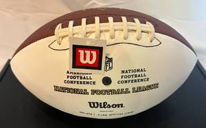 lot 6 image: Brett Favre Signed Football with Minnesota Vikings Certification, Full Sized NFL Wilson Ball with tag on, case included, Green Bay Packers Autograph