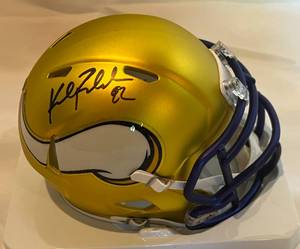 lot 21 image: Kyle Rudolph Signed Mini Helmet with NFL Certificatio, Unique Blaze Alternate Riddell Helmet, Minnesota Vikings Football Autograph