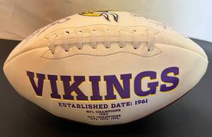 lot 43 image: Minnesota Vikings Stars Signed Football - Dave Osborn, Scott Studwell, Jeff Simeon, Tim Irwin with JSA Certification signed on Vikings Commemorative Football