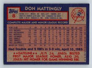 lot 52B image: Don Mattingly RC 1984 Topps #8 - Vintage Rookie Baseball Card