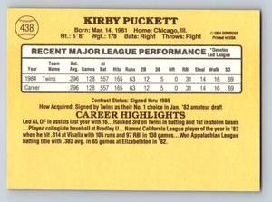 lot 61B image: Kirby Puckett RC 1985 Donruss #438 Minnesota Twins Rookie Vintage Baseball Card