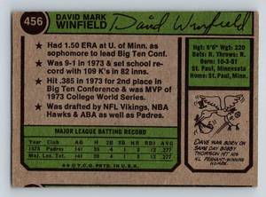 lot 67B image: Dave Winfield RC 1974 Topps #456 Vintage Rookie Baseball Card