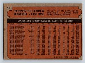 lot 71B image: 1972 Topps Harmon Killebrew #51 Minnesota Twins Vintage Baseball Card