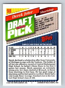 lot 76B image: Derek Jeter RC 1993 Topps #98 Rookie Baseball Card