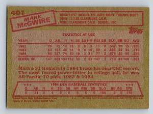lot 82B image: Mark McGwire RC 1985 Topps #401 Team USA Rookie Baseball Card
