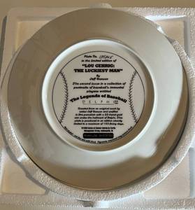 lot 116 image: Lou Gherig The Luckiest Man Delphi Commemorative Plate Numbered with COA Baseball